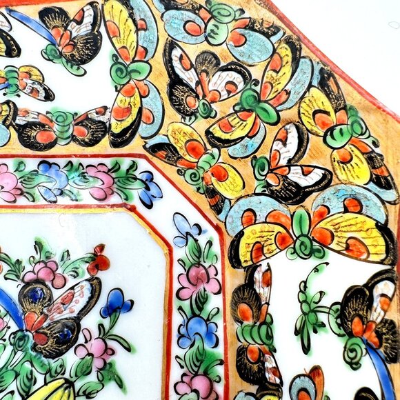 Rose Canton Square 7.5" Plate W/ 1000 Butterflies Design Circa 1920 - Picture 4 of 7